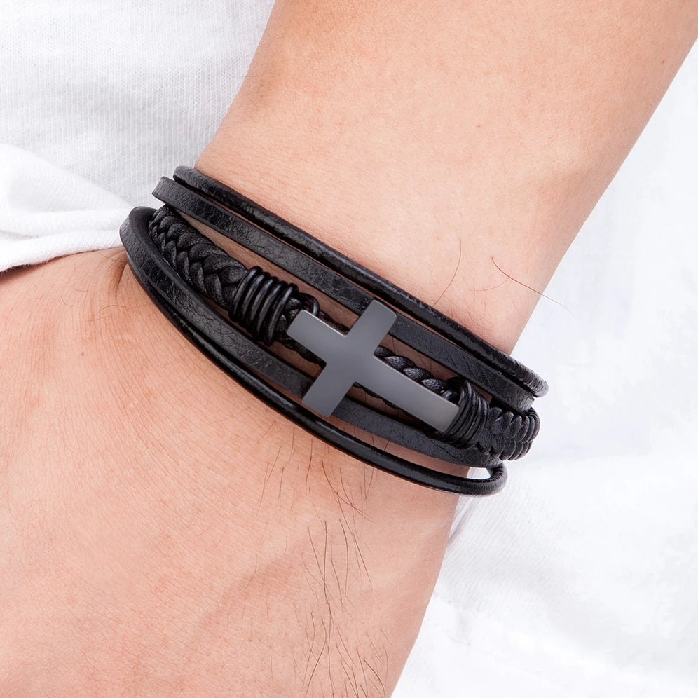 Cross Design Classic Stainless Steel Men Leather Bracelet