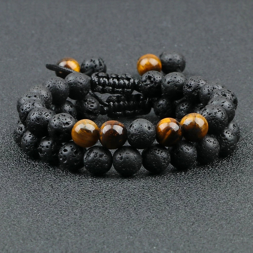 Black Lava Stone Crown Charm Tiger Eye Beads Bracelet For Men Women