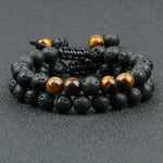Black Lava Stone Crown Charm Tiger Eye Beads Bracelet For Men Women
