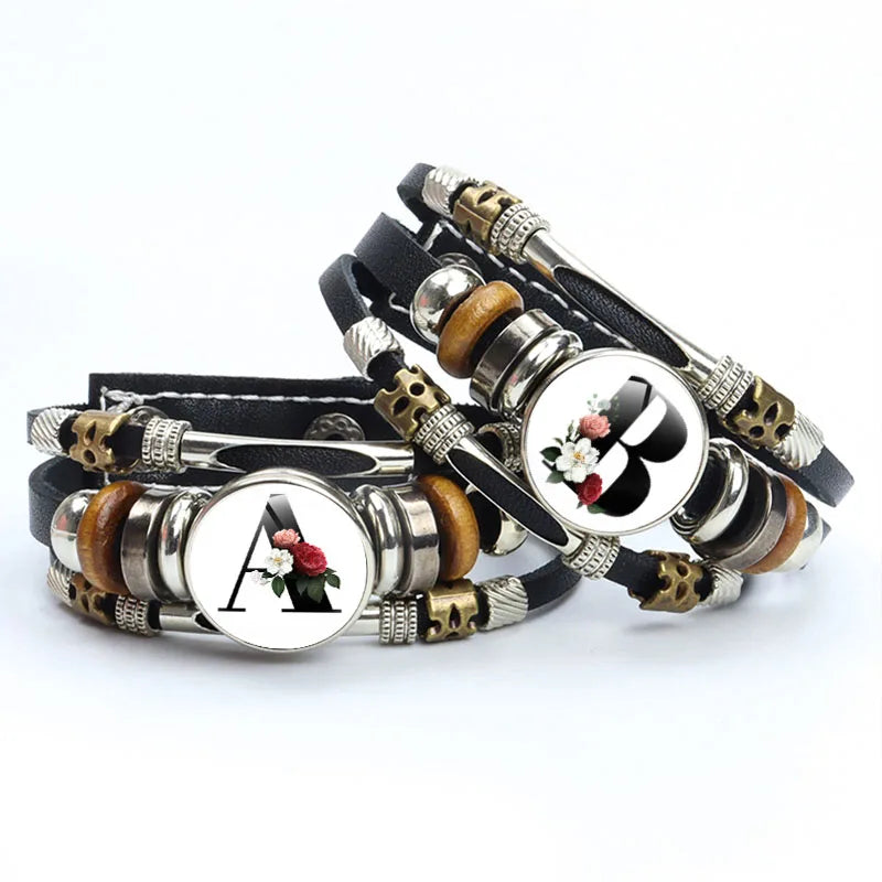 A-Z Letter Pattern 26 Initial Letters Alphabet Braided Multilayer Leather Bracelet