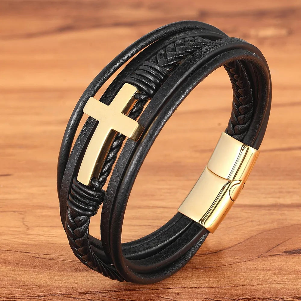 Cross Design Classic Stainless Steel Men Leather Bracelet