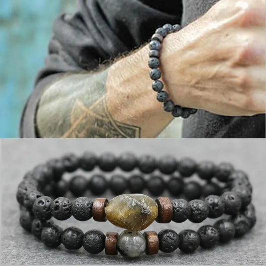 Trendy Vintage Lava Stone Labradorite Moonstone Beads Bracelet