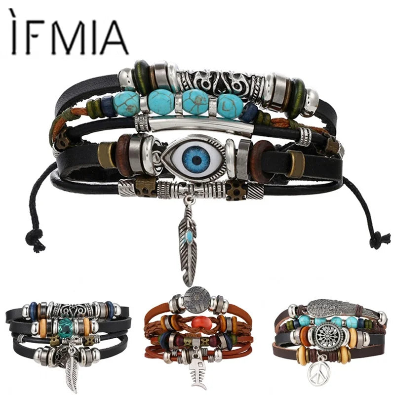 Vintage Tribal Multilayer Leather Charm Bracelet