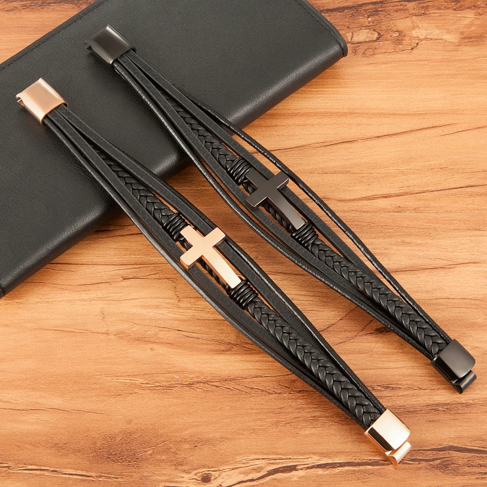 Cross Design Classic Stainless Steel Men Leather Bracelet