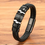 Men's Classic Braided Black Leather Bracelet with Stainless Steel Charm