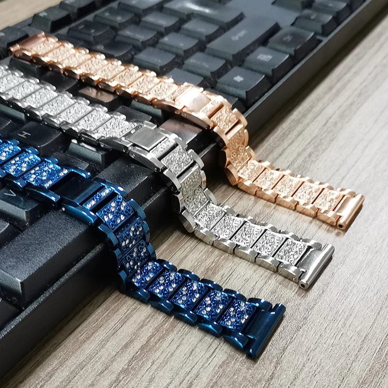 22mm 20mm Stainless Steel Bracelet Strap with Stone for Huawei / Samsung Galaxy Smart Watch