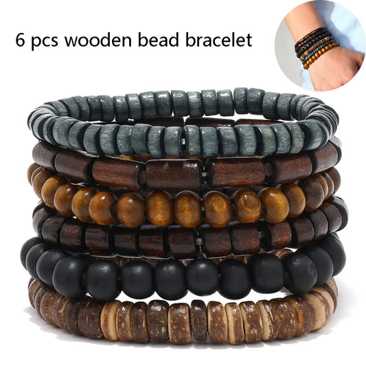 Six-Piece Vintage-Style Wooden Bead Bracelet Set