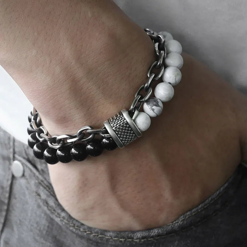 Tiger Eye Stone Beaded Stainless Steel Gunmetal Stainless Steel Chain Bracelet