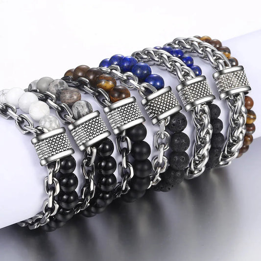 Tiger Eye Stone Beaded Stainless Steel Gunmetal Stainless Steel Chain Bracelet