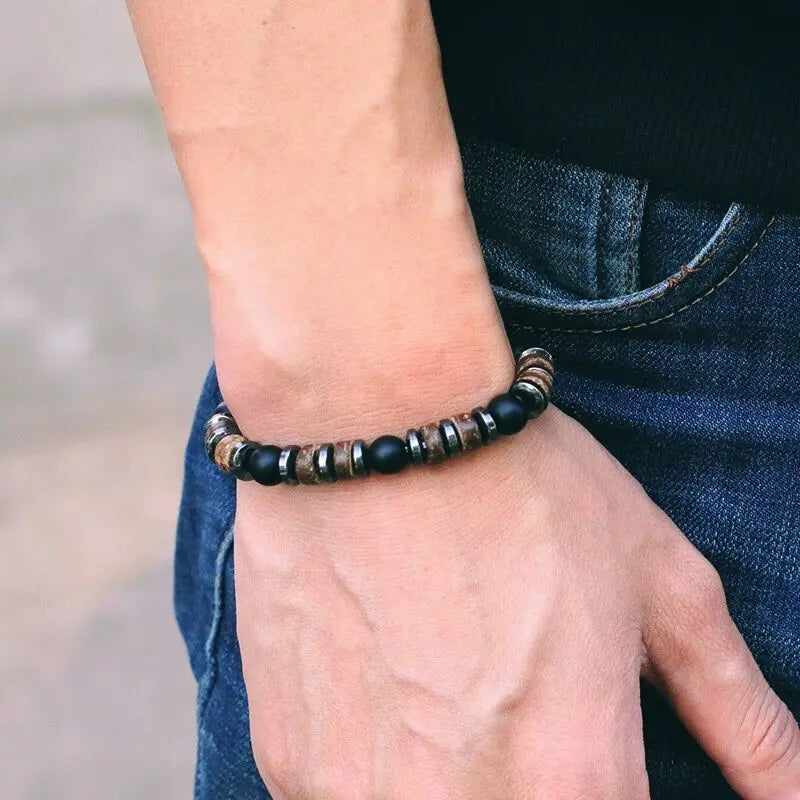 Vintage Men's Beaded Bracelet with Natural Stones and Wood
