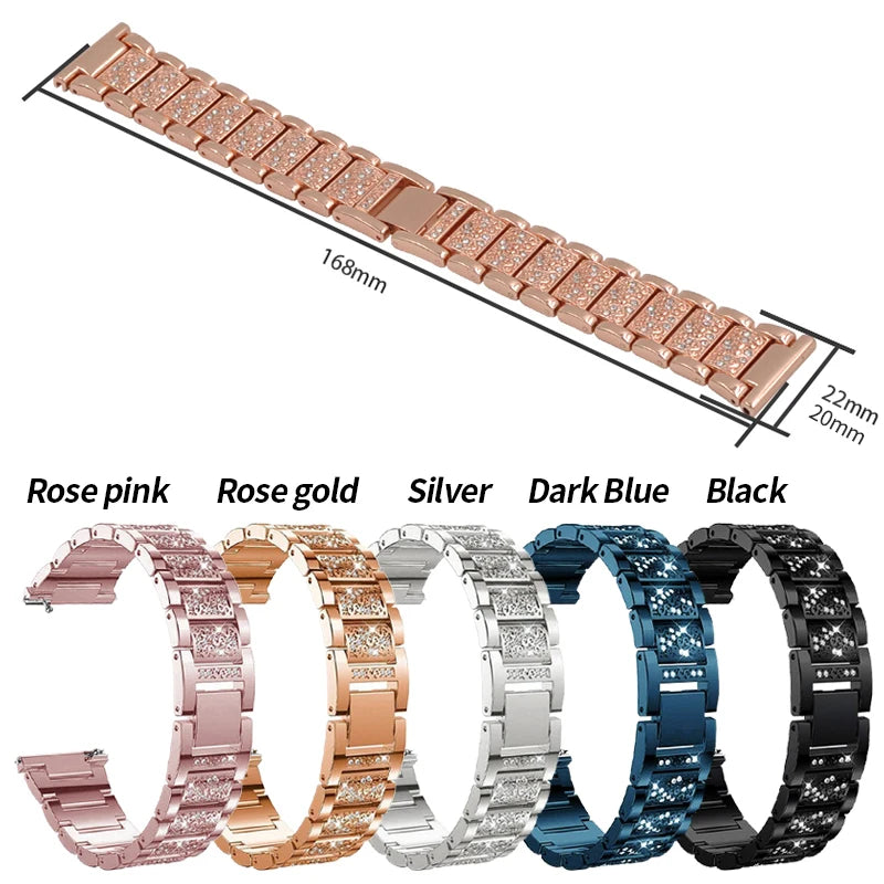 22mm 20mm Stainless Steel Bracelet Strap with Stone for Huawei / Samsung Galaxy Smart Watch