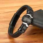Men's Classic Braided Black Leather Bracelet with Stainless Steel Charm