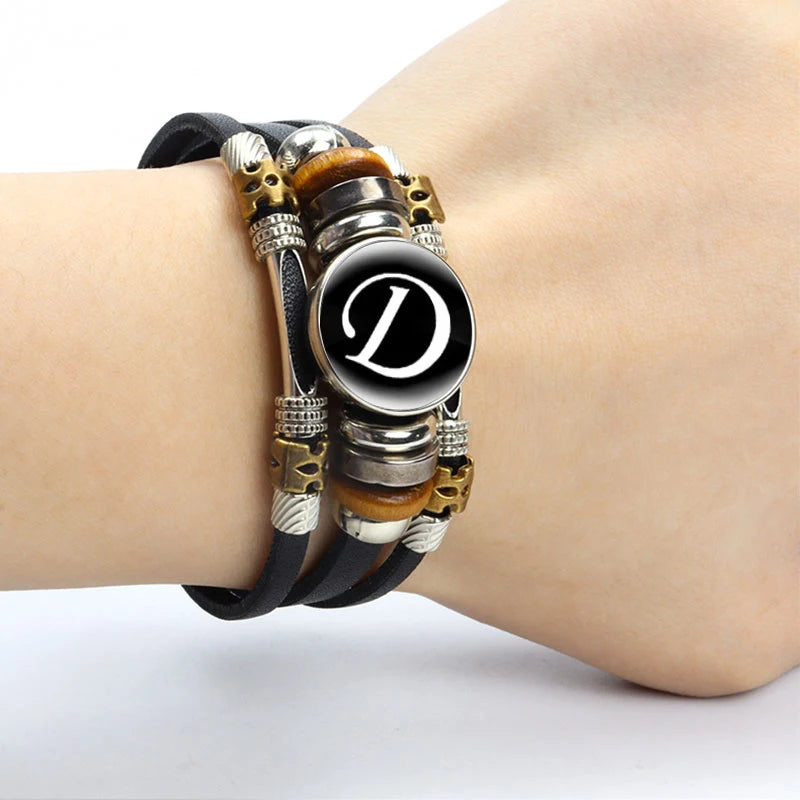 A-to-Z English Alphabet Name Initial Leather Bracelet
