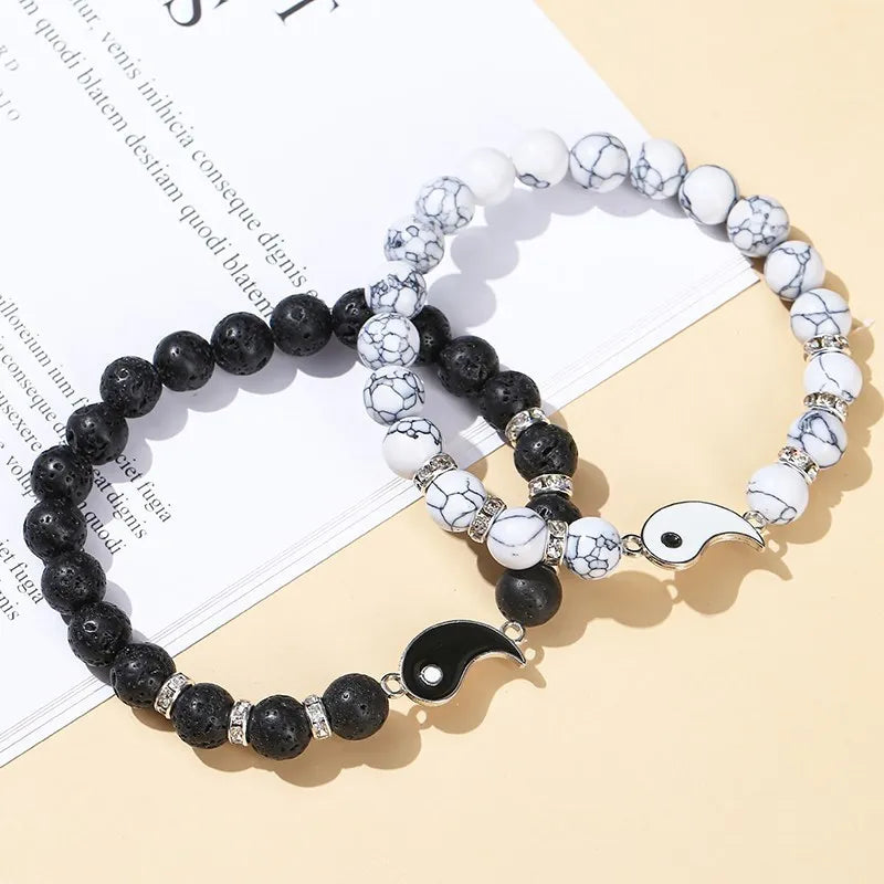 Natural Volcanic Lava Stone and White Turquoise Tai Chi Yin Yang Bracelets