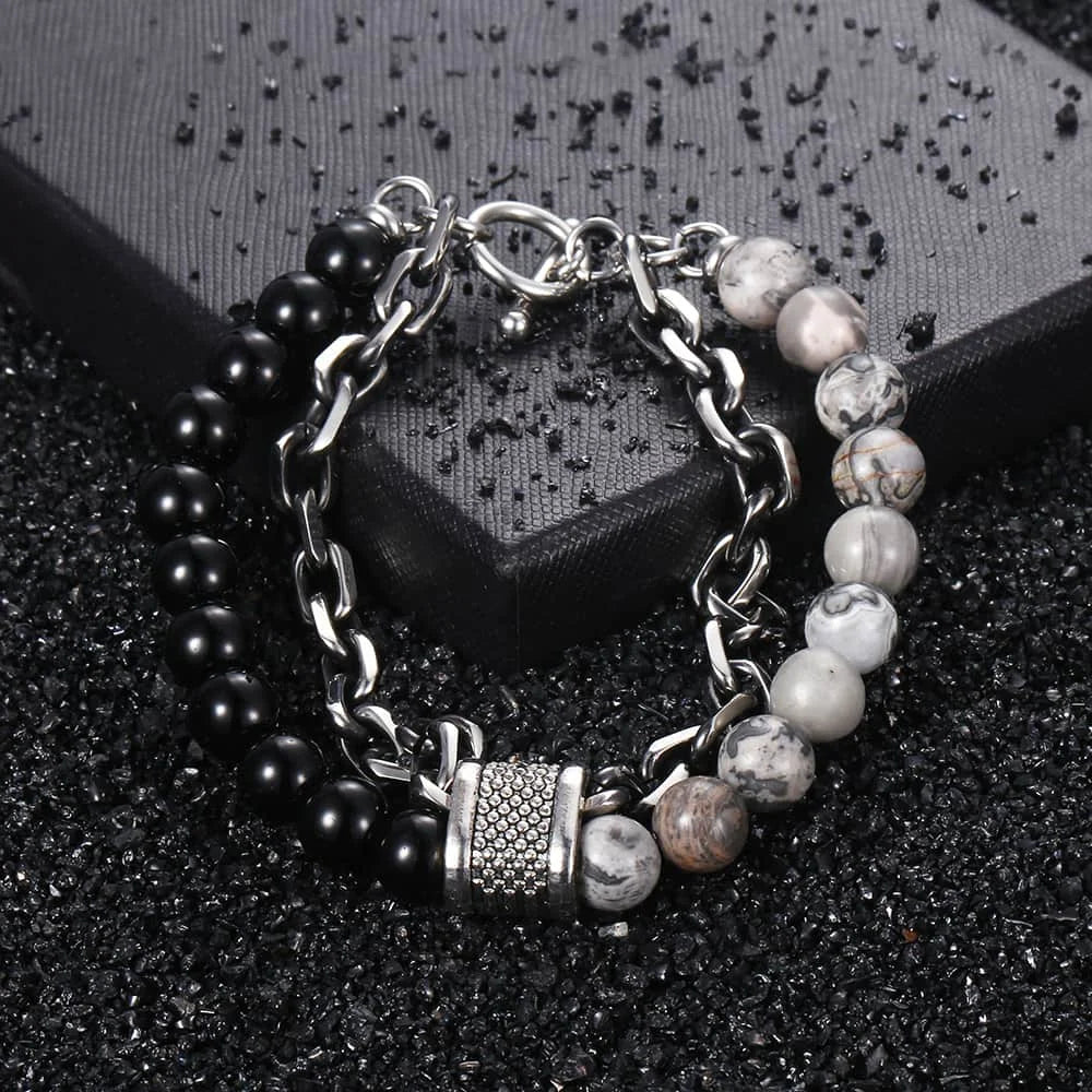 Tiger Eye Stone Beaded Stainless Steel Gunmetal Stainless Steel Chain Bracelet