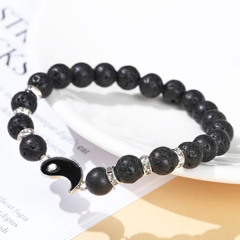 Natural Volcanic Lava Stone and White Turquoise Tai Chi Yin Yang Bracelets