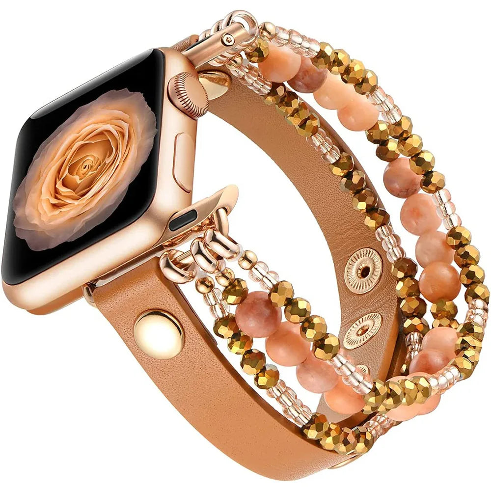 Elastic Beaded Bracelet Leather Strap For Apple Watch