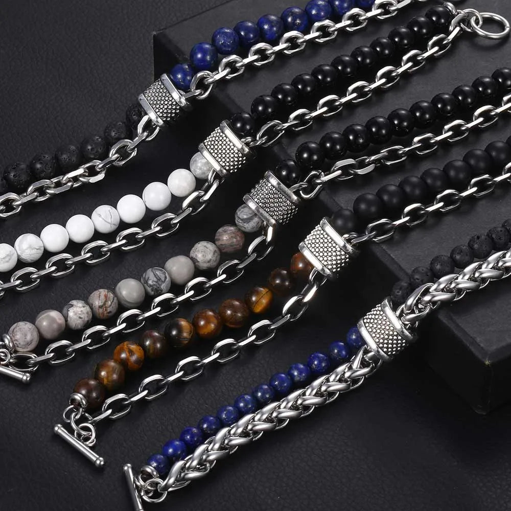 Tiger Eye Stone Beaded Stainless Steel Gunmetal Stainless Steel Chain Bracelet
