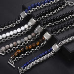 Tiger Eye Stone Beaded Stainless Steel Gunmetal Stainless Steel Chain Bracelet