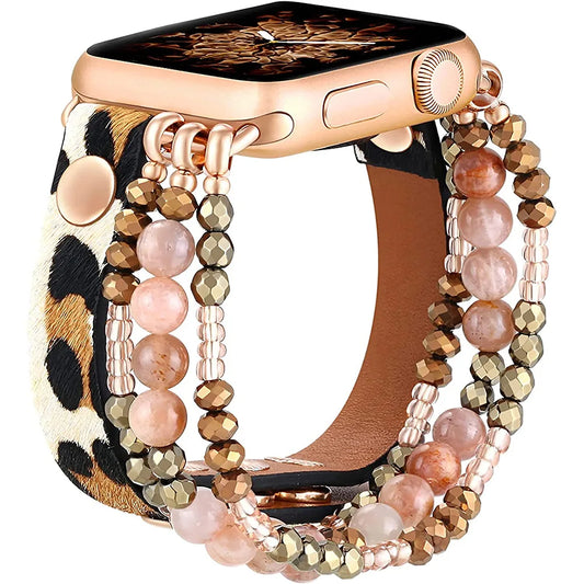 Elastic Beaded Bracelet Leather Strap For Apple Watch