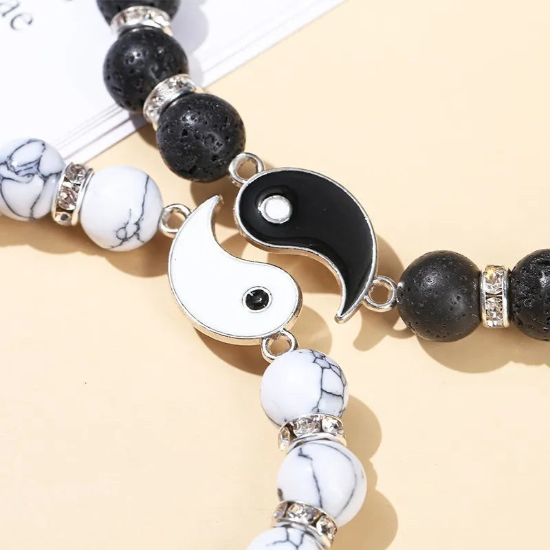 Natural Volcanic Lava Stone and White Turquoise Tai Chi Yin Yang Bracelets