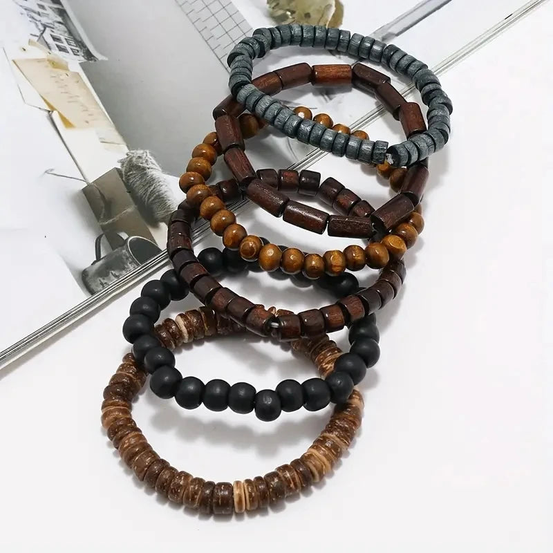 Six-Piece Vintage-Style Wooden Bead Bracelet Set