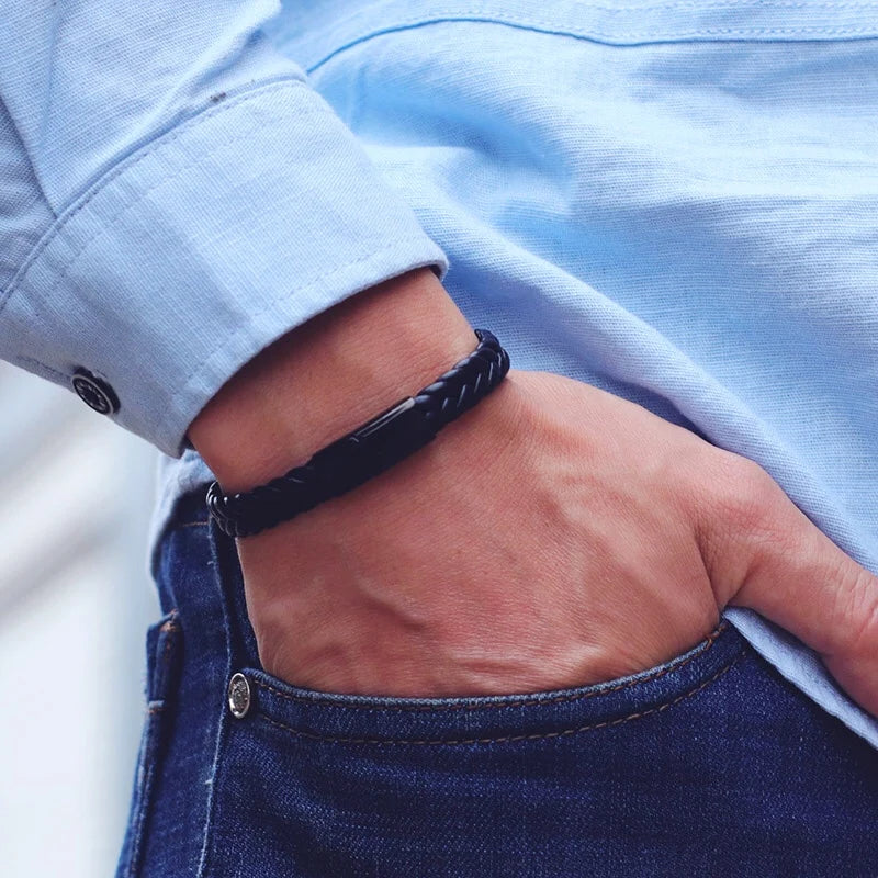 Men's Leather Bracelet with Stainless Steel Clasp