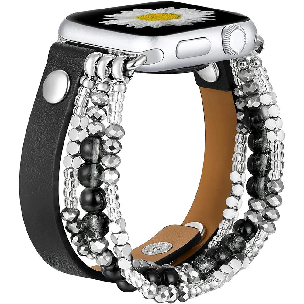 Elastic Beaded Bracelet Leather Strap For Apple Watch