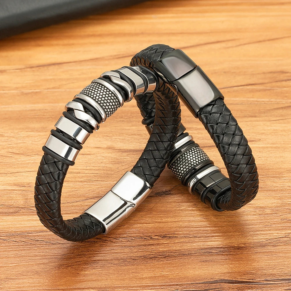 Men's Classic Braided Black Leather Bracelet with Stainless Steel Charm