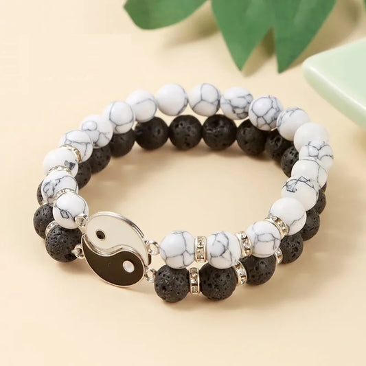 Natural Volcanic Lava Stone and White Turquoise Tai Chi Yin Yang Bracelets