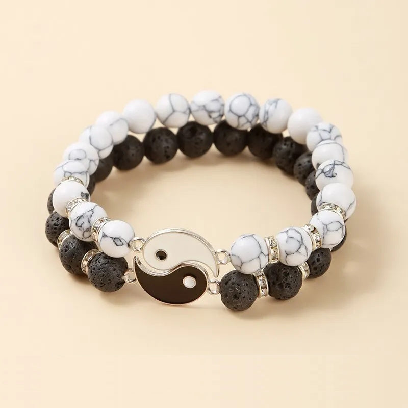 Natural Volcanic Lava Stone and White Turquoise Tai Chi Yin Yang Bracelets