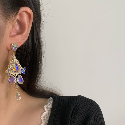 Women's Silver Needle Crystal Long Tassel Earrings